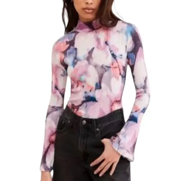 Anthropologie Pilcro Purple Floral Ribbed Velvet Shirt Women's M Mock Neck NEW - Picture 1 of 7